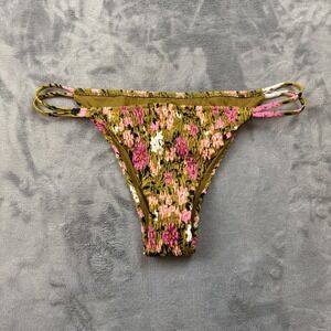 Tori Praver Bikini Bottom Womens Large Olive Green Pink Floral Smocked Swimwear‎